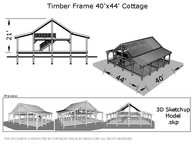 [Online Plans] 3D Model 10368 - 40x44 Timber frame Cottage