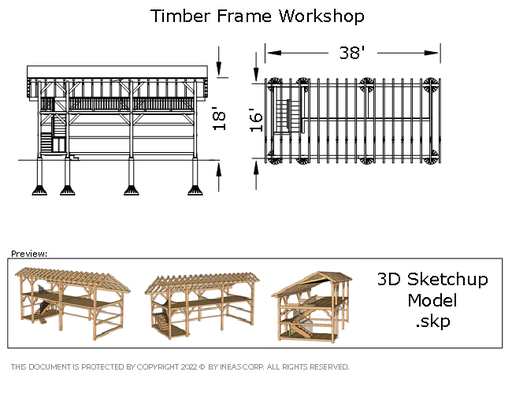[Online Plans] 3D Model 10654 - Timber frame 16X34 Storage Shed
